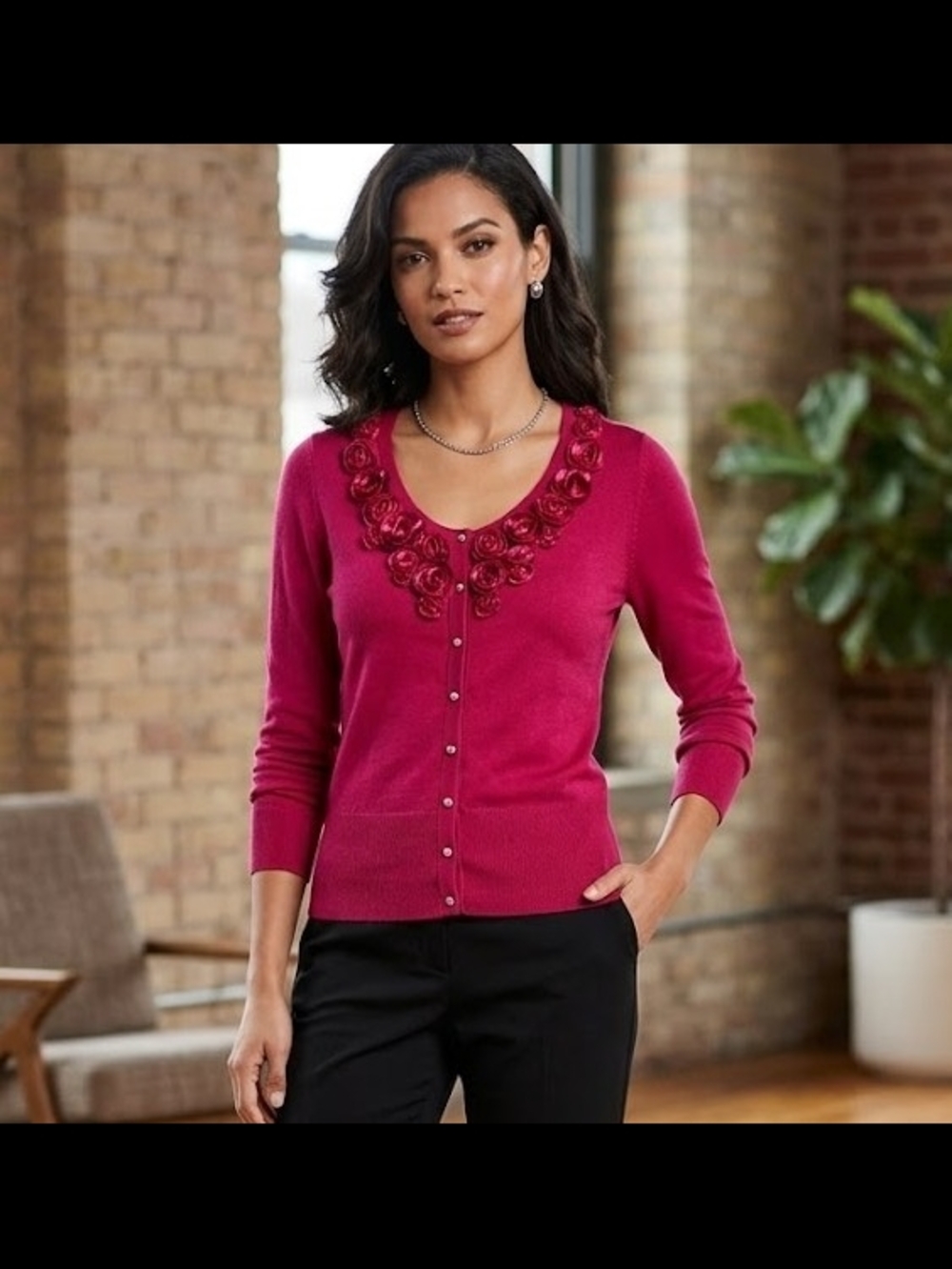 White House Black Market Rose-Embellished Fuchsia V-Neck Cardigan